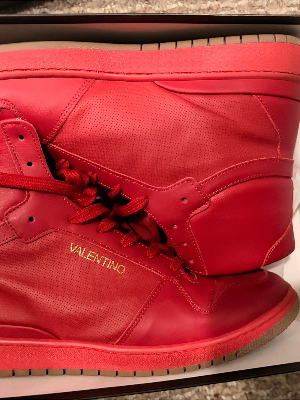 Valentino Red Leather High-Top Sneakers with Gold Logo